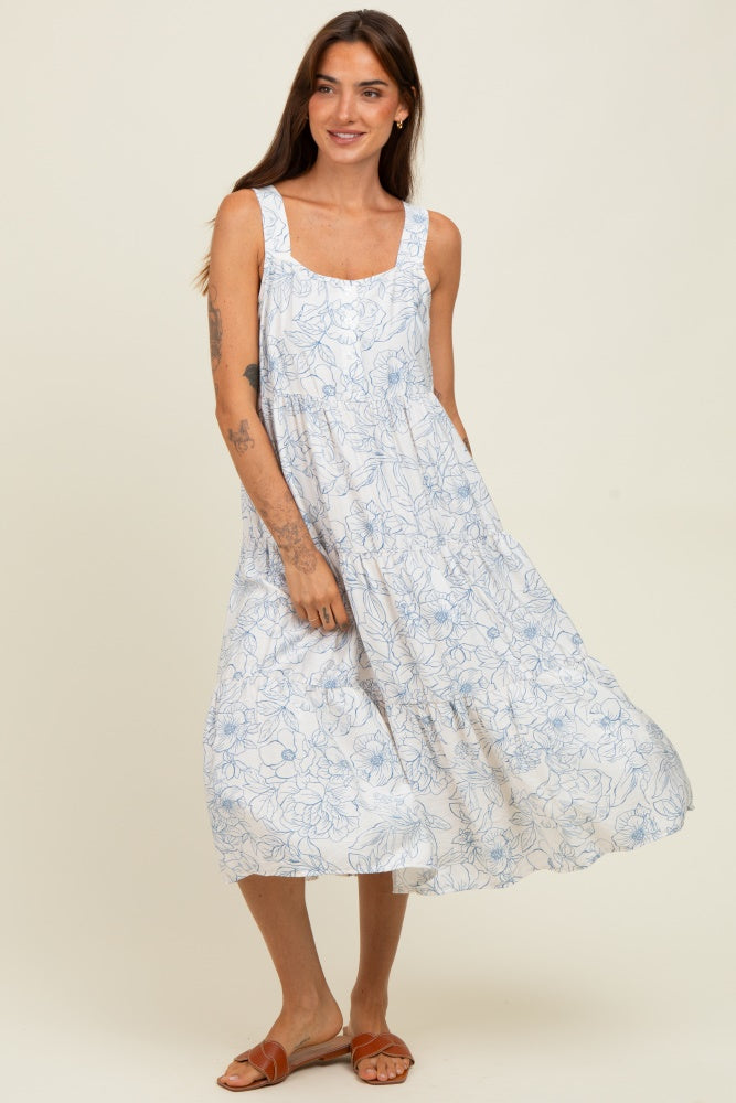 Blue Floral Tiered Sleeveless Maternity Midi Dress