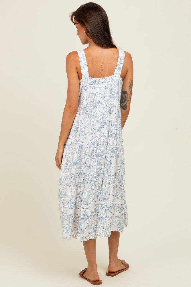 Blue Floral Tiered Sleeveless Midi Dress