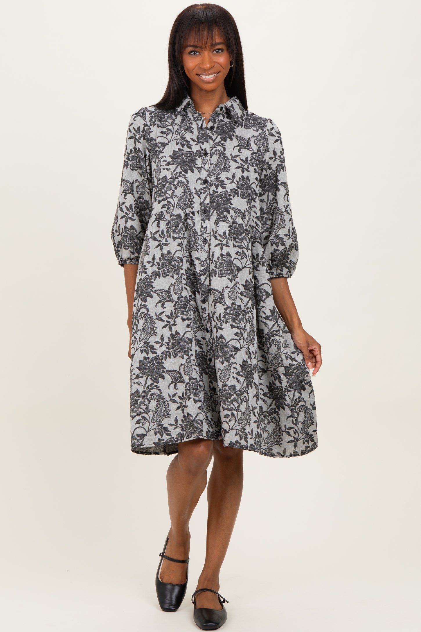 Black Floral Button Down 3/4 Sleeve Maternity Midi Dress