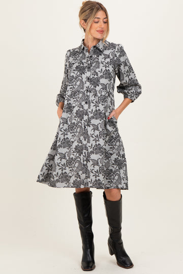 Black Floral Button Down 3/4 Sleeve Maternity Midi Dress