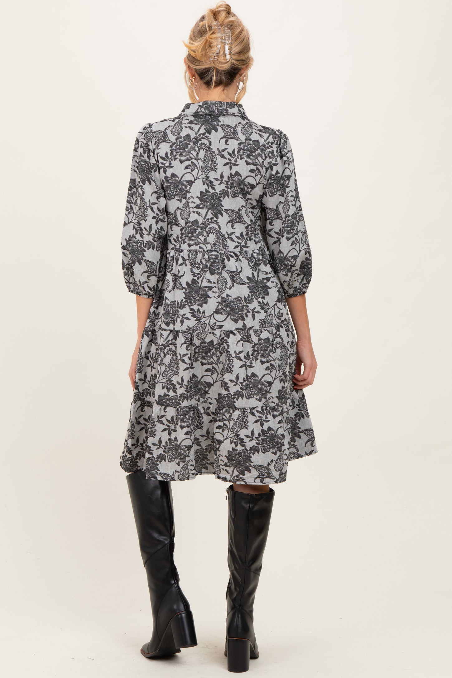 Black Floral Button Down 3/4 Sleeve Maternity Midi Dress
