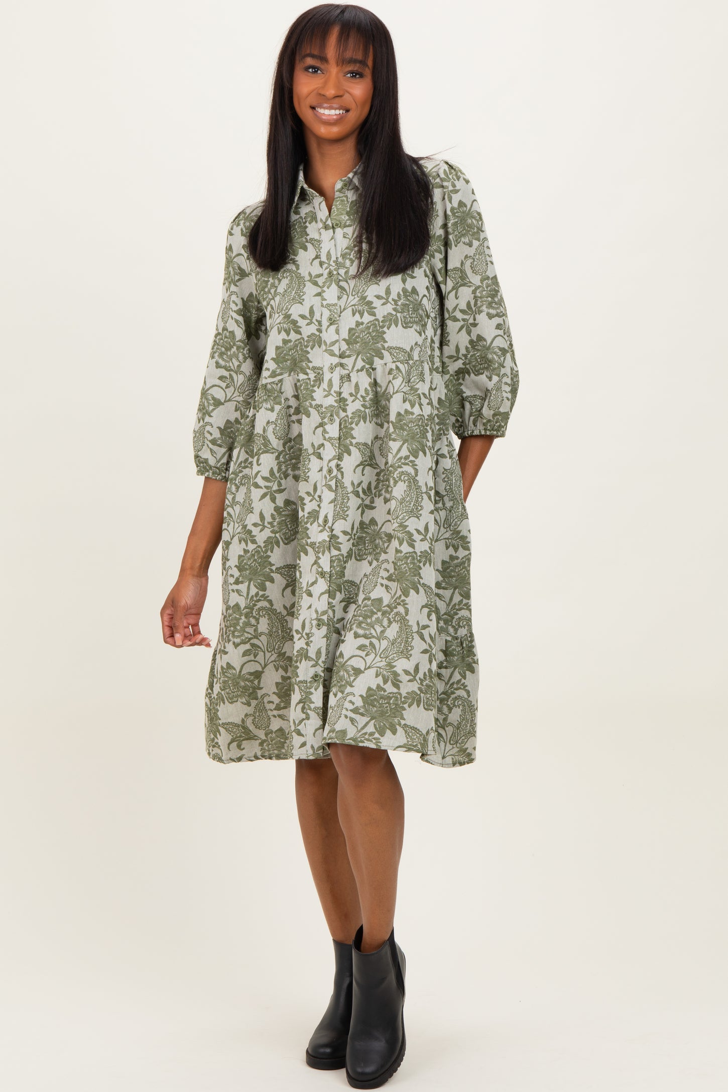 Olive Floral Button Down 3/4 Sleeve Maternity Midi Dress
