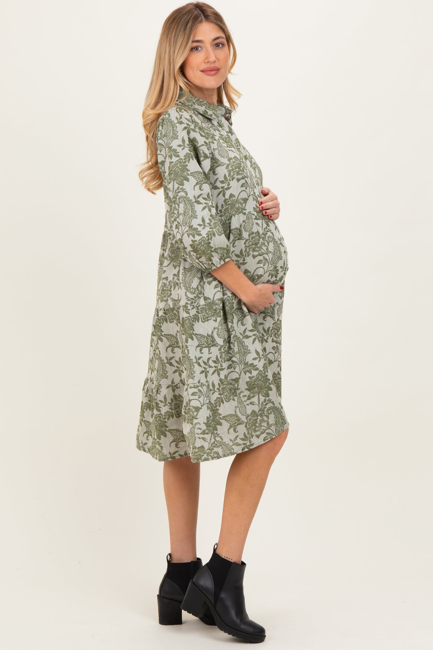 Olive Floral Button Down 3/4 Sleeve Maternity Midi Dress