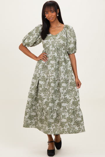 Green Floral V-Neck 3/4 Sleeve Midi Dress