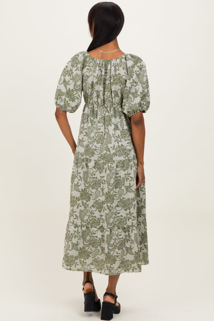 woman wearing a back view of a green floral print midi dress with puff sleeves and a cinched waist