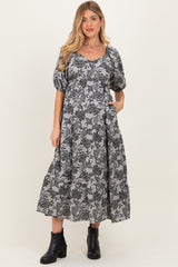 Black Floral V-Neck 3/4 Sleeve Maternity Midi Dress