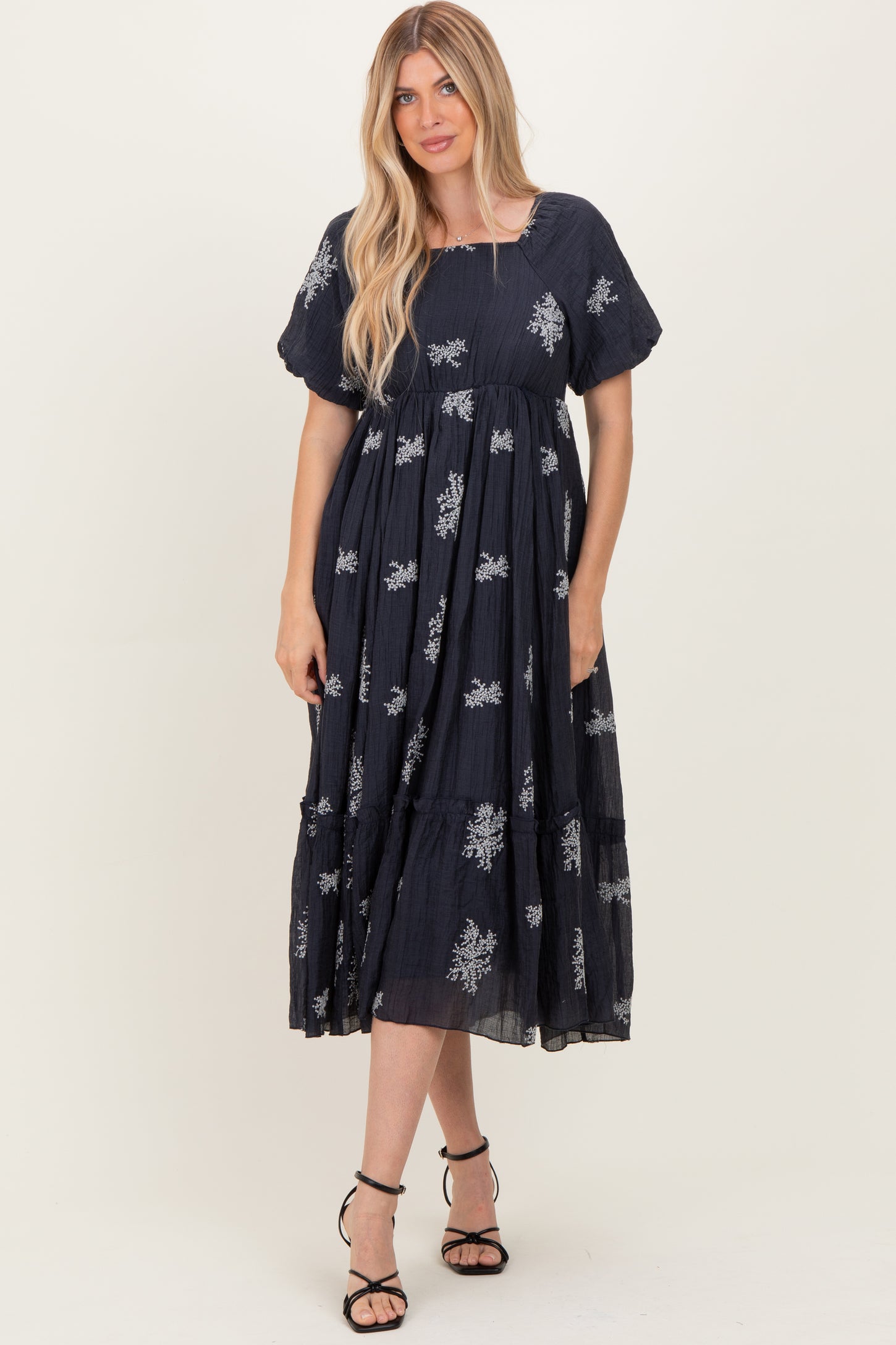 Navy Floral Embroidered Puff Sleeve Midi Dress
