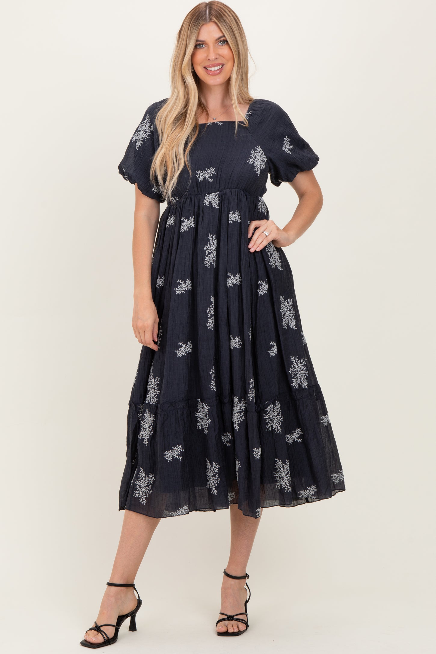 Navy Floral Embroidered Puff Sleeve Midi Dress