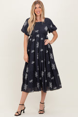 Navy Floral Embroidered Puff Sleeve Maternity Midi Dress