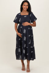 Navy Floral Embroidered Puff Sleeve Maternity Midi Dress