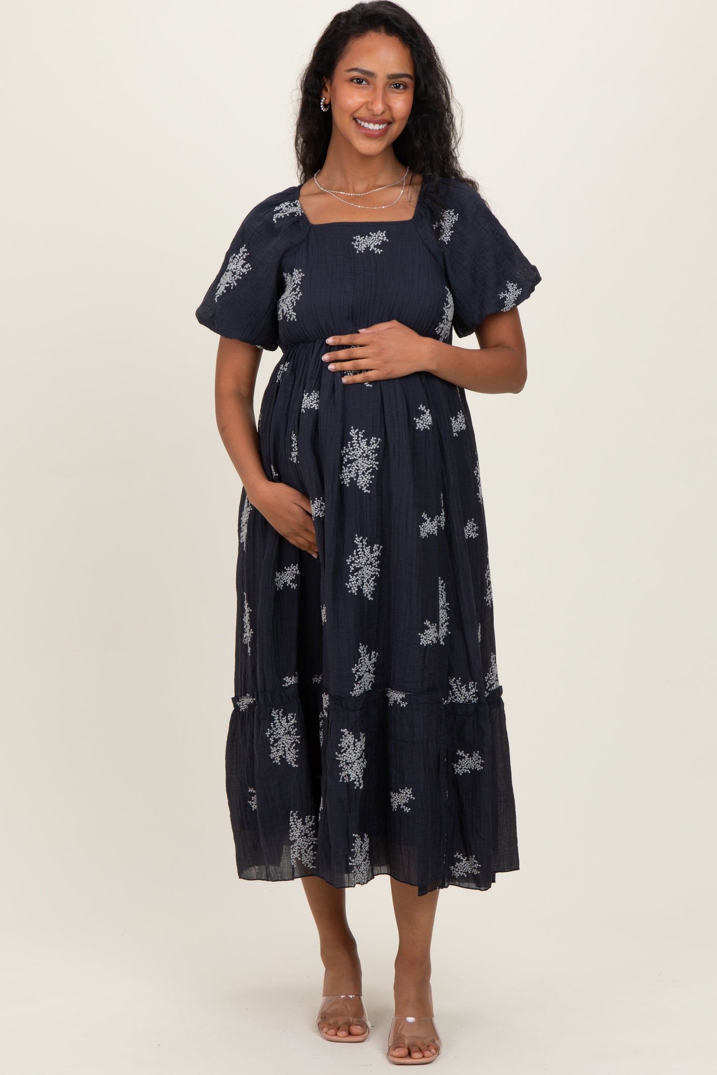 Navy Floral Embroidered Puff Sleeve Maternity Midi Dress