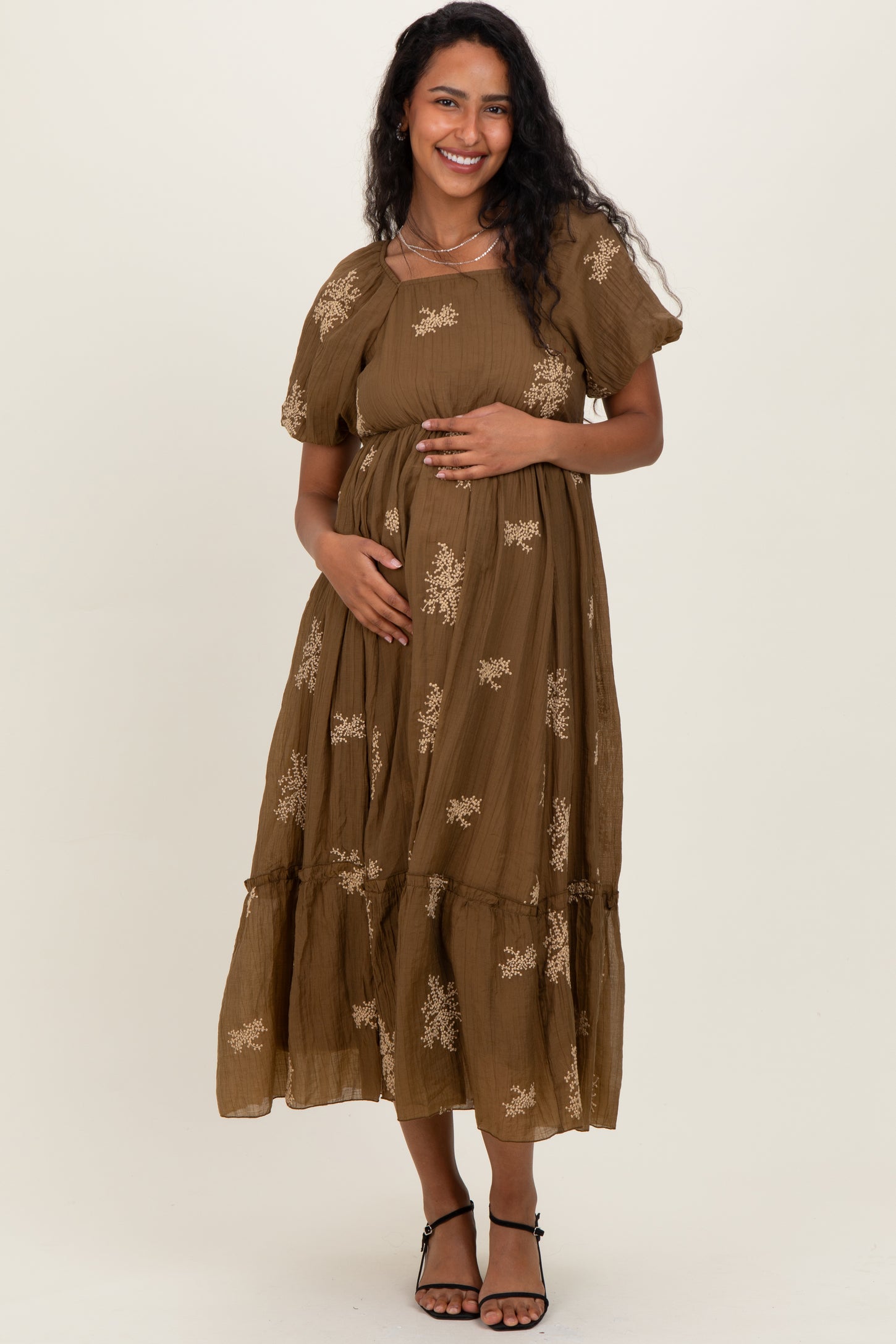 Mocha Floral Embroidered Puff Sleeve Maternity Midi Dress