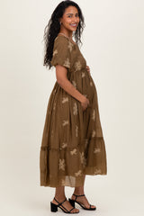 Mocha Floral Embroidered Puff Sleeve Maternity Midi Dress