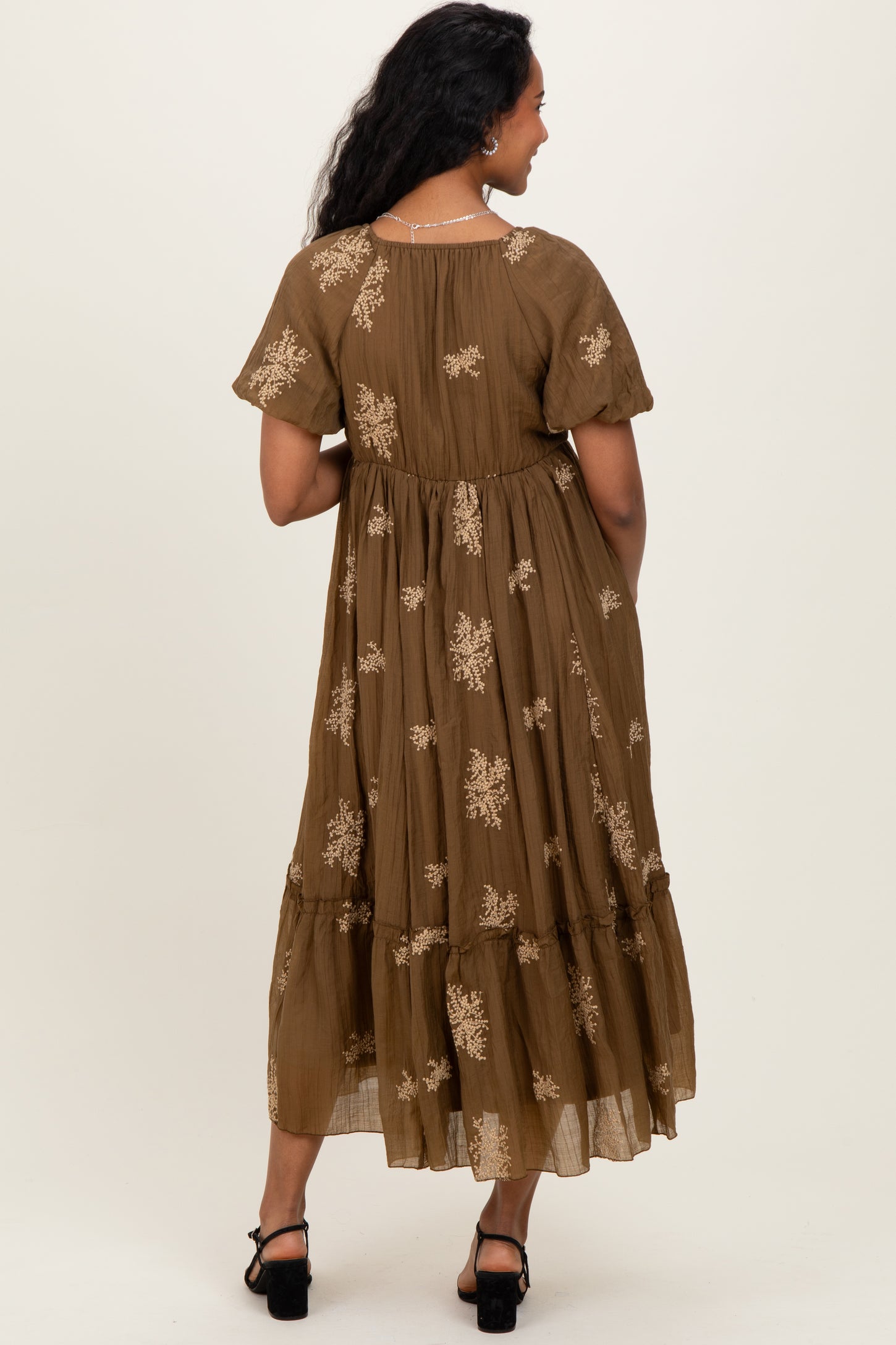 Mocha Floral Embroidered Puff Sleeve Maternity Midi Dress