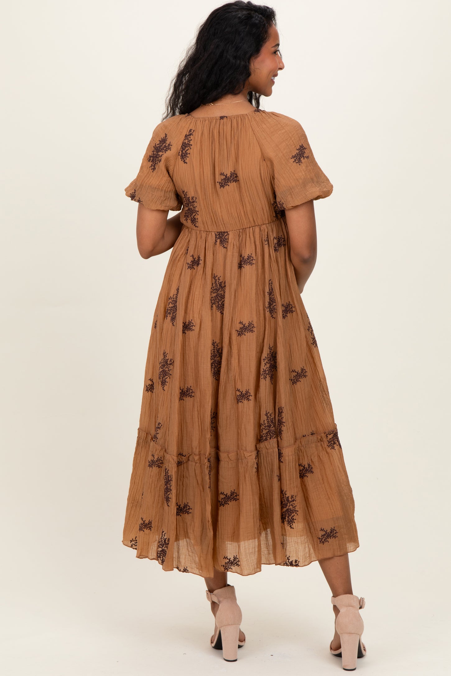 Taupe Floral Embroidered Puff Sleeve Maternity Midi Dress