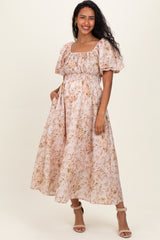 Beige Floral Puff Sleeve Maternity Midi Dress
