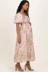 Beige Floral Puff Sleeve Maternity Midi Dress