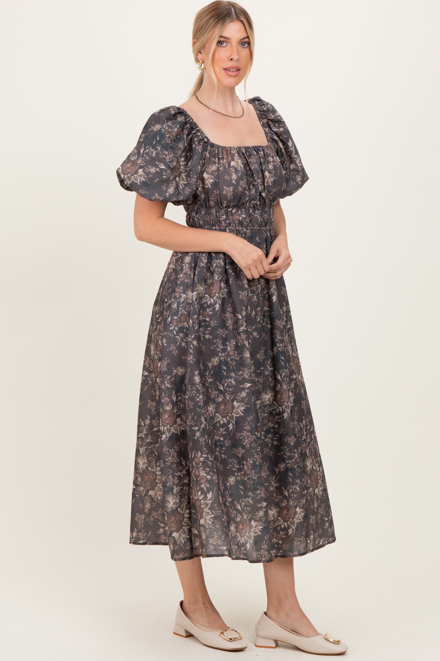 Brown Floral Puff Sleeve Midi Dress