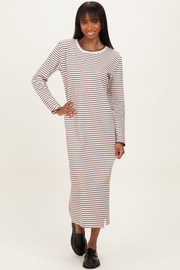 Cream Striped Stitch Detail Long Sleeve Midi Dress