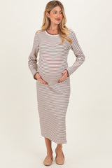 Cream Striped Stitch Detail Long Sleeve Maternity Midi Dress