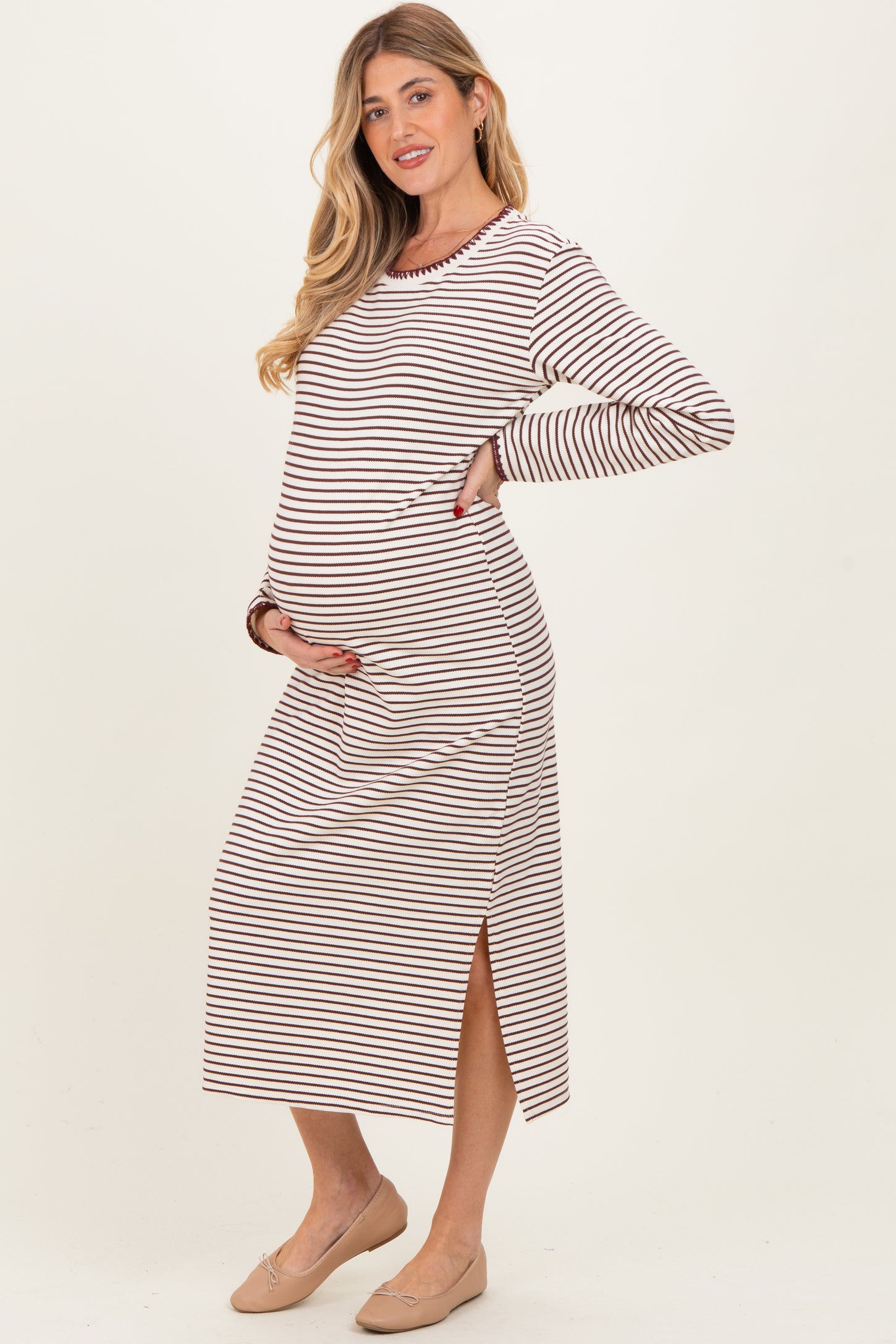 Cream Striped Stitch Detail Long Sleeve Maternity Midi Dress