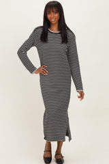 Black Striped Stitch Detail Long Sleeve Midi Dress