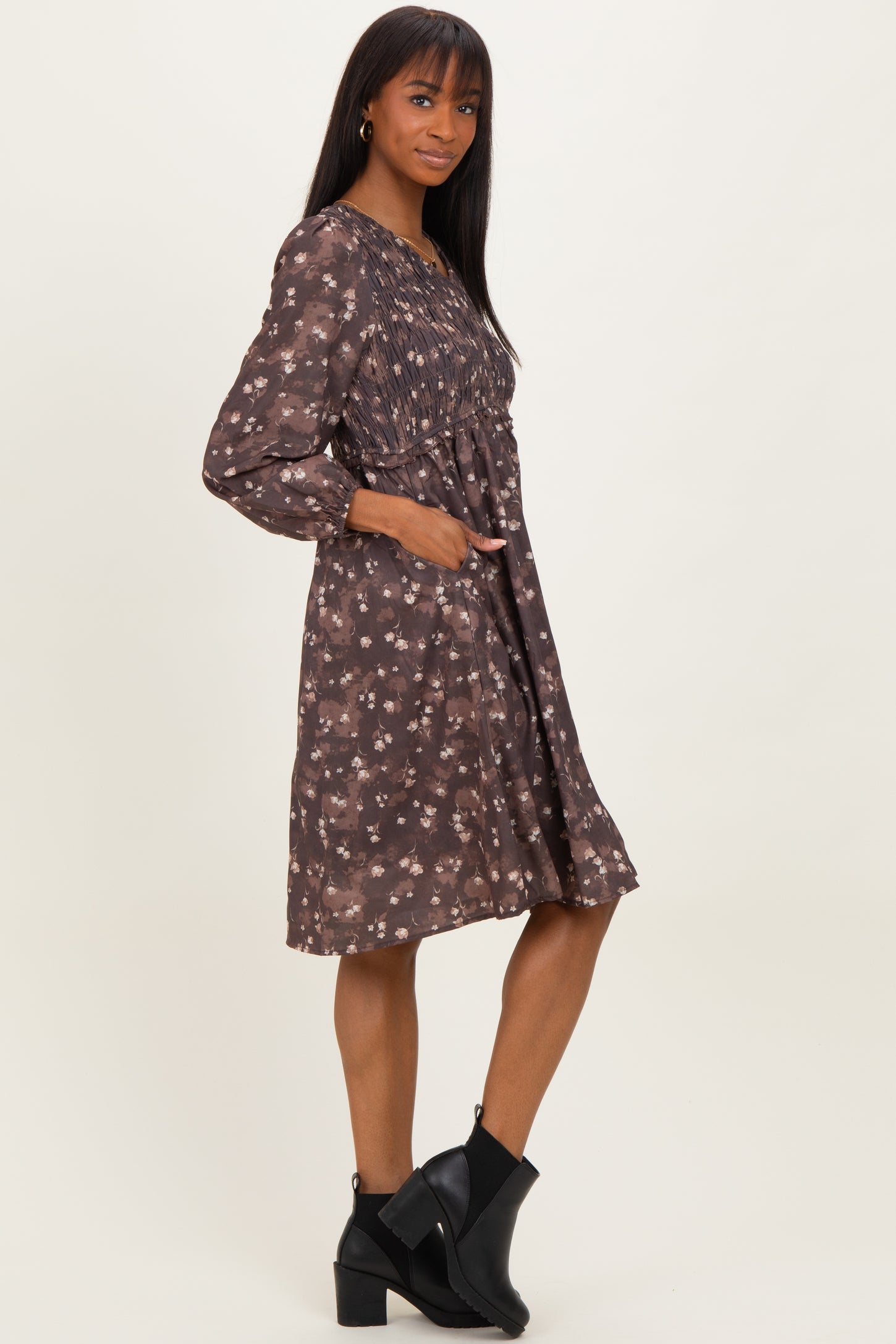 Brown Floral Smocked Long Sleeve Dress