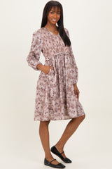 Beige Floral Smocked Long Sleeve Dress