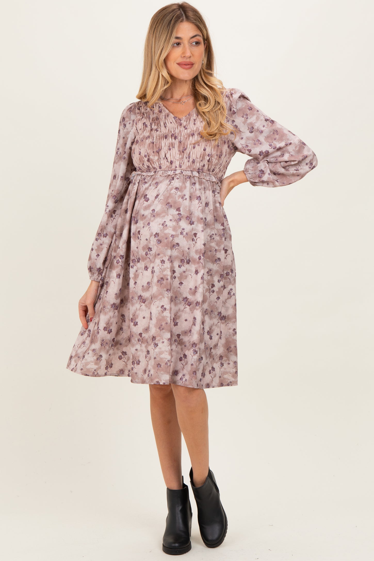 Beige Floral Smocked Long Sleeve Maternity Dress