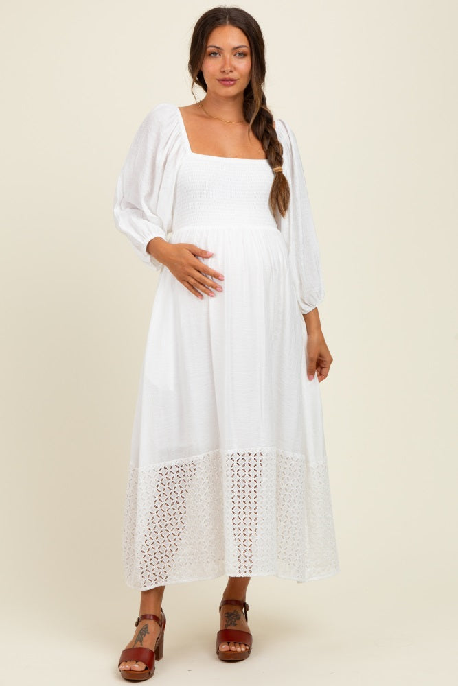 White Eyelet Contrast Smocked Bubble Sleeve Maternity Midi Dress