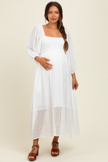 White Eyelet Contrast Smocked Bubble Sleeve Maternity Midi Dress