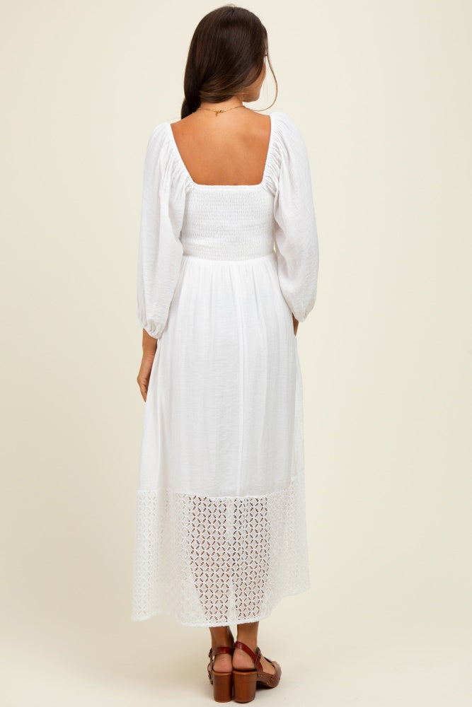 White Eyelet Contrast Smocked Bubble Sleeve Maternity Midi Dress