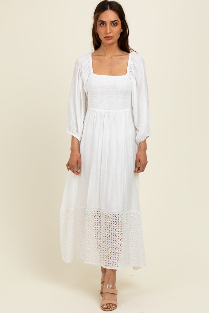 White Eyelet Contrast Smocked Bubble Sleeve Midi Dress