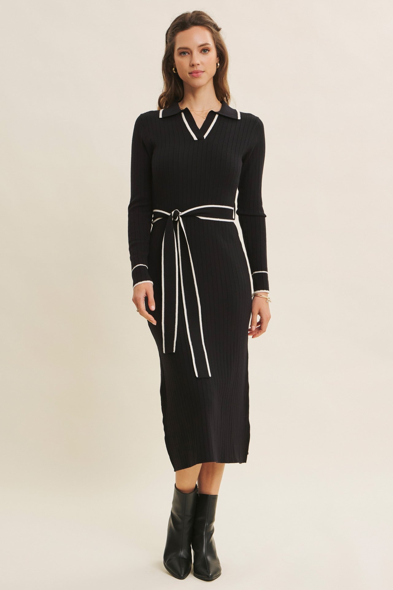 Black Soft Stretchy Rib Fitted Sweater Midi Dress