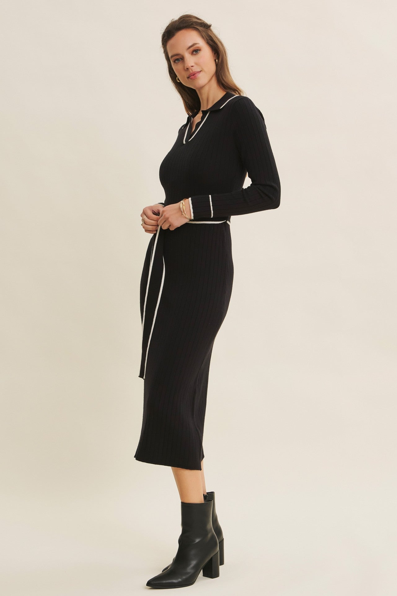 Black Soft Stretchy Rib Fitted Sweater Midi Dress