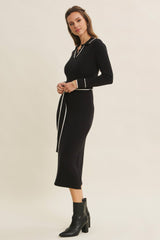 Black Soft Stretchy Rib Fitted Sweater Midi Dress