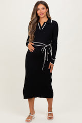 Black Soft Stretchy Rib Fitted Maternity Sweater Midi Dress