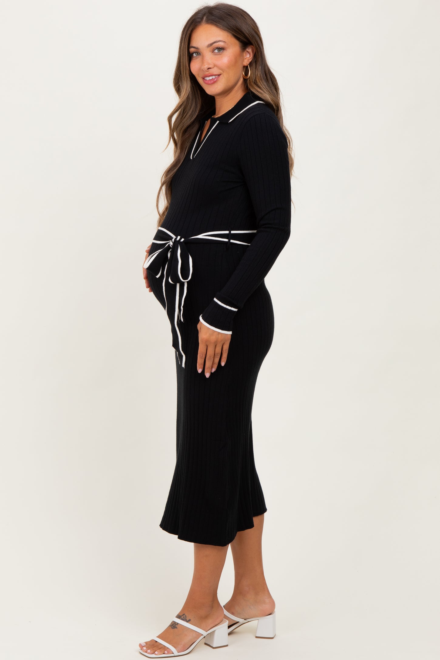 Black Soft Stretchy Rib Fitted Maternity Sweater Midi Dress