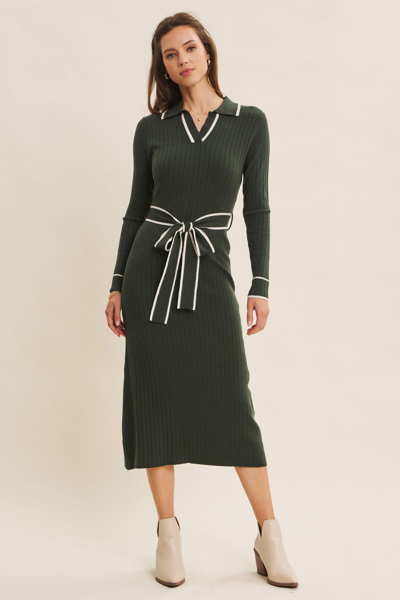 Hunter Green Soft Stretchy Rib Fitted Sweater Midi Dress