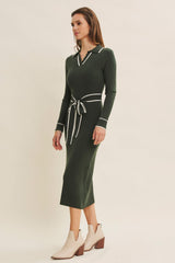 Hunter Green Soft Stretchy Rib Fitted Sweater Midi Dress