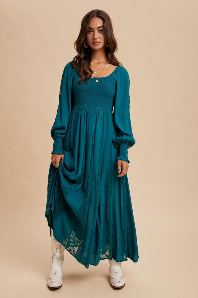 Emerald Lace Inset Smocked Maternity Maxi Dress