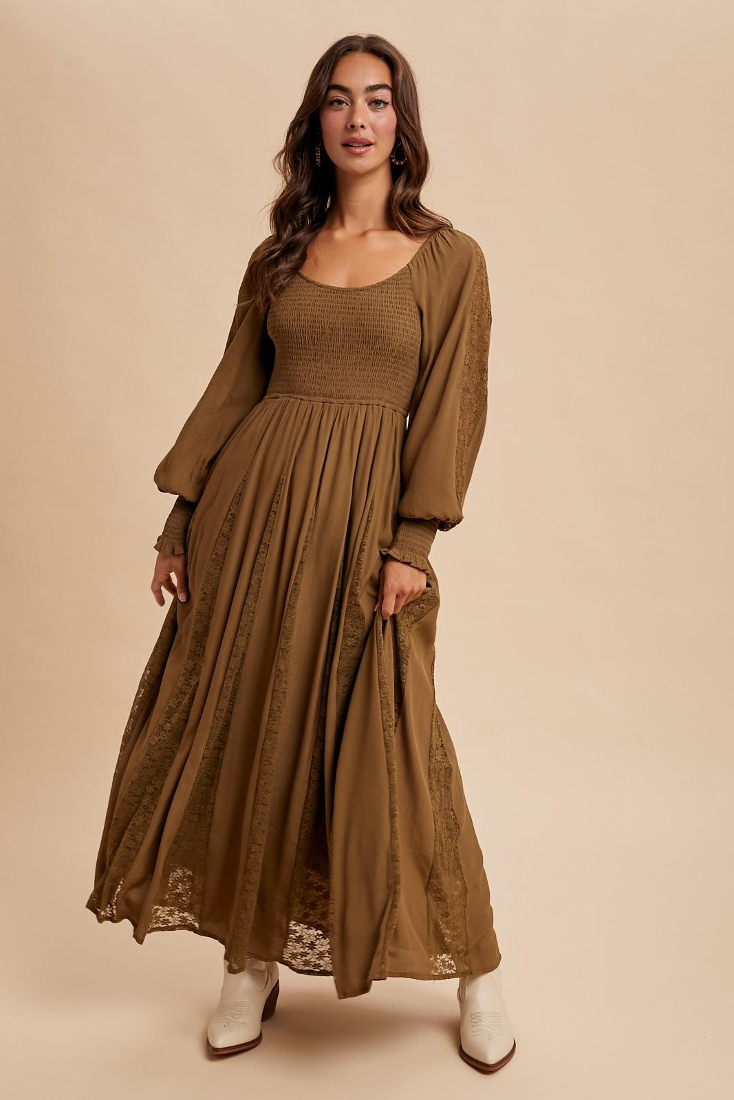 Brown Lace Inset Smocked Maternity Maxi Dress