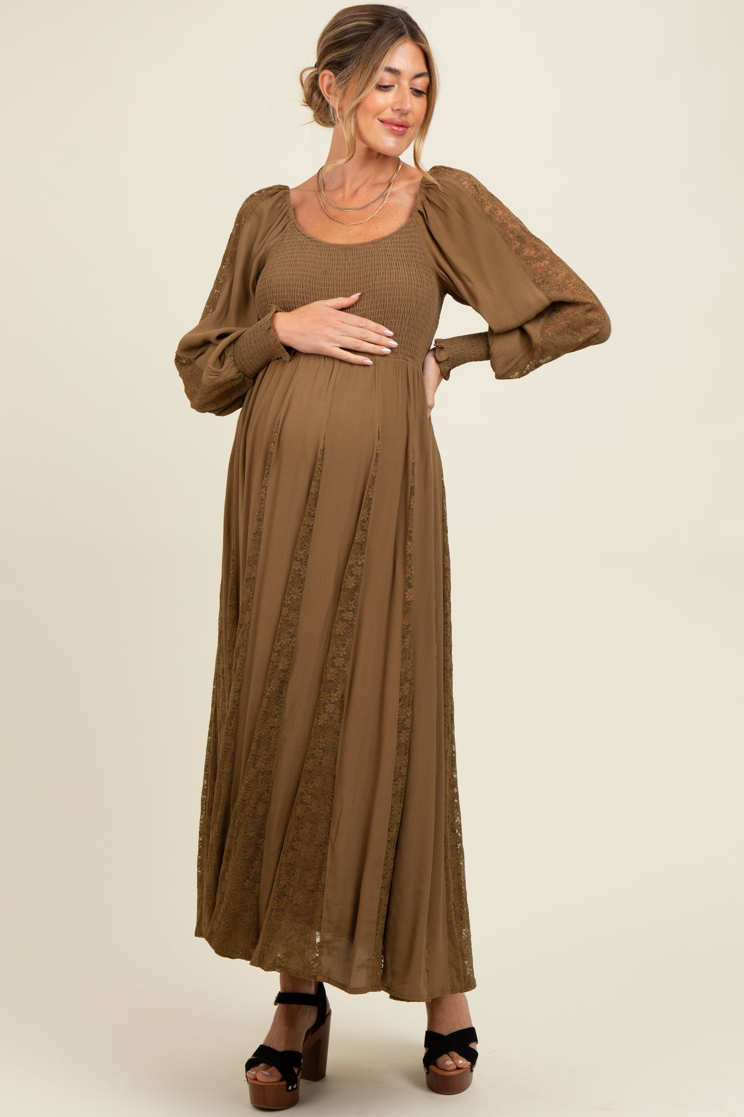 Brown Lace Inset Smocked Maternity Maxi Dress
