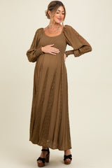 Brown Lace Inset Smocked Maternity Maxi Dress