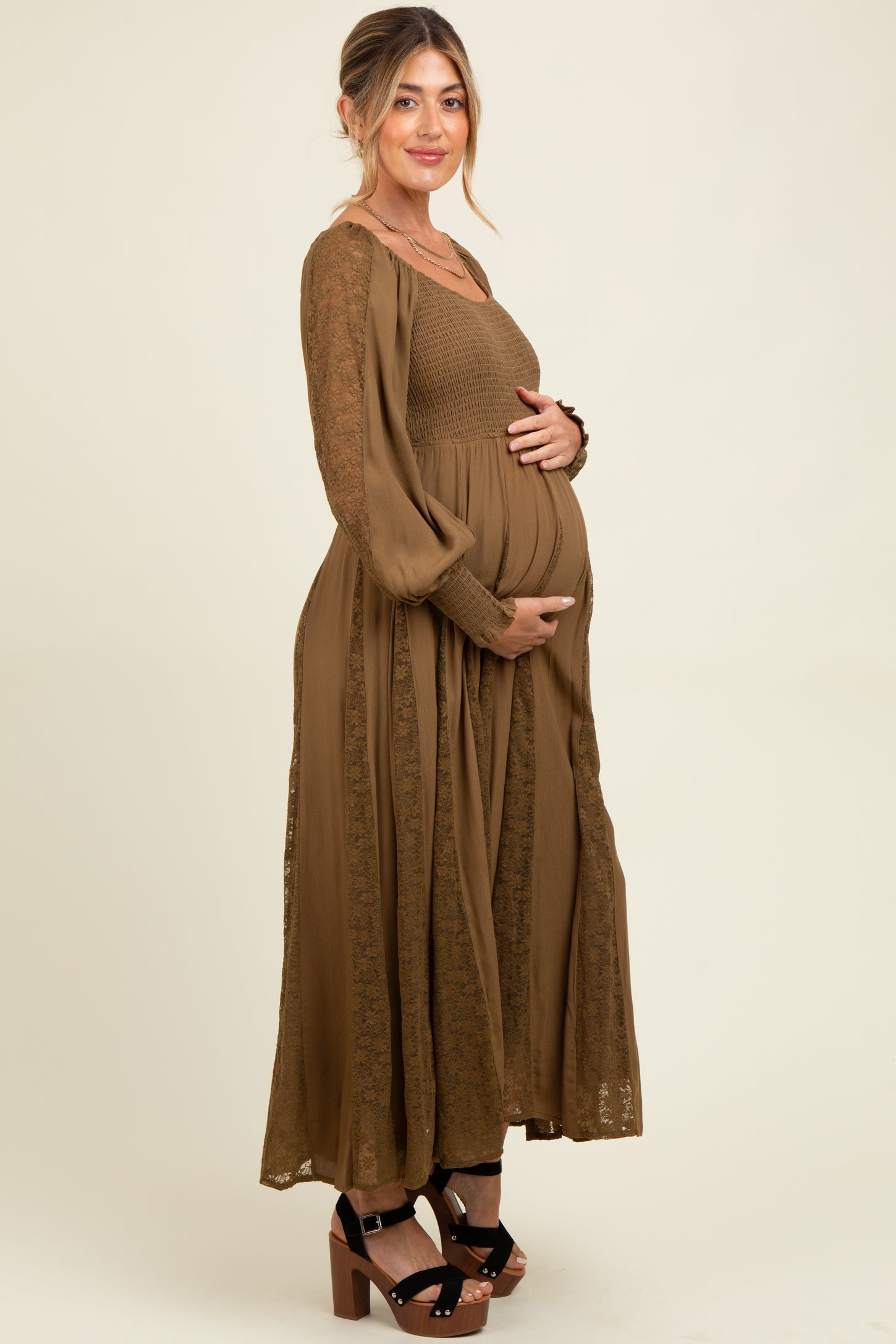 Brown Lace Inset Smocked Maternity Maxi Dress