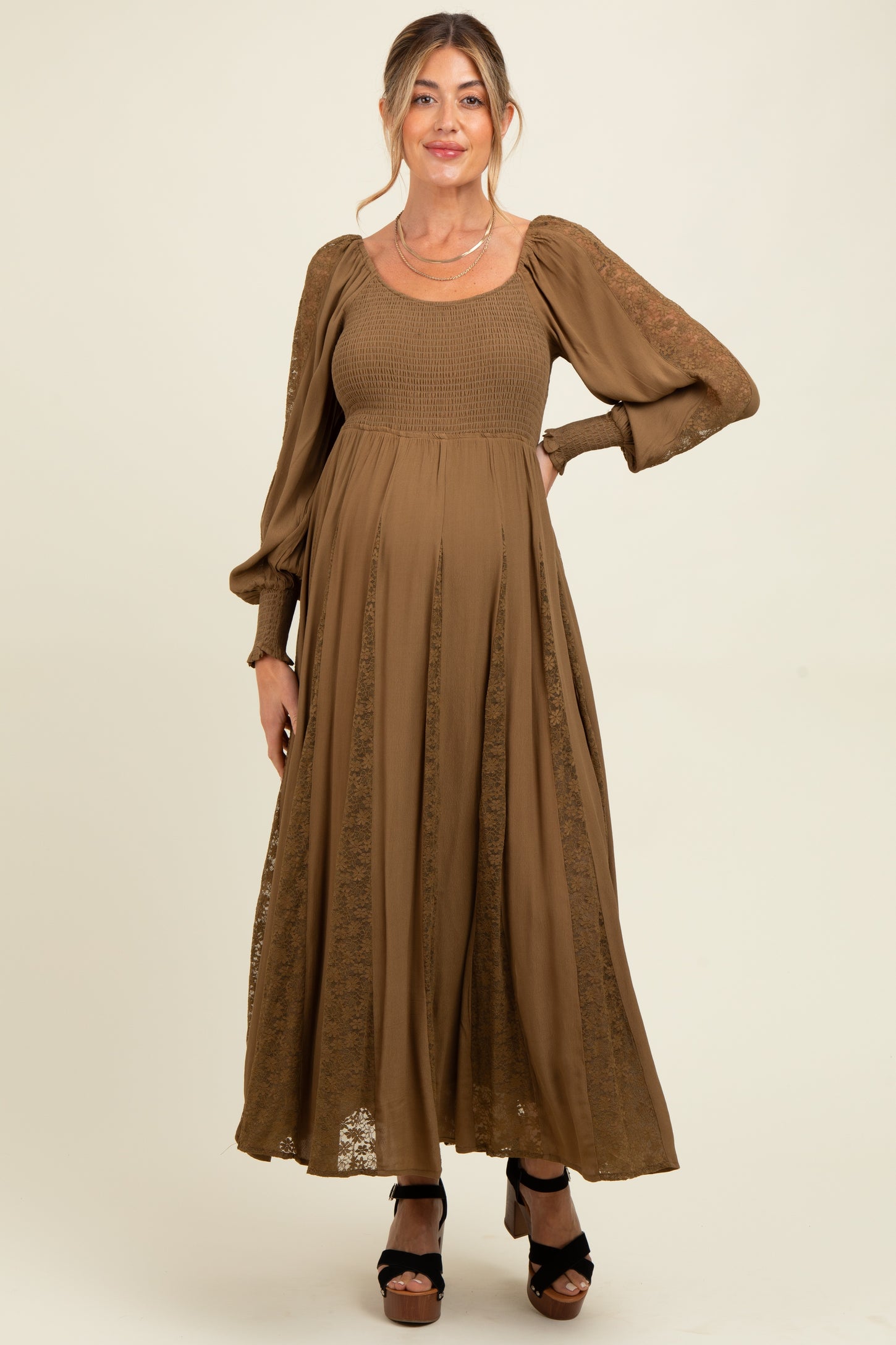 Brown Lace Inset Smocked Maternity Maxi Dress