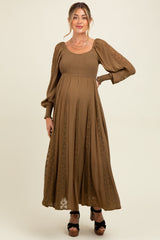 Brown Lace Inset Smocked Maternity Maxi Dress