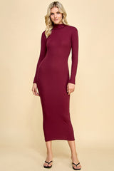 Burgundy Turtle Neck Ribbed Fitted Long Sleeve Maxi Dress