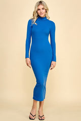 Blue Turtle Neck Ribbed Fitted Long Sleeve Maxi Dress
