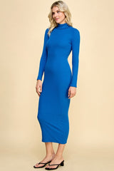 Blue Turtle Neck Ribbed Fitted Long Sleeve Maxi Dress